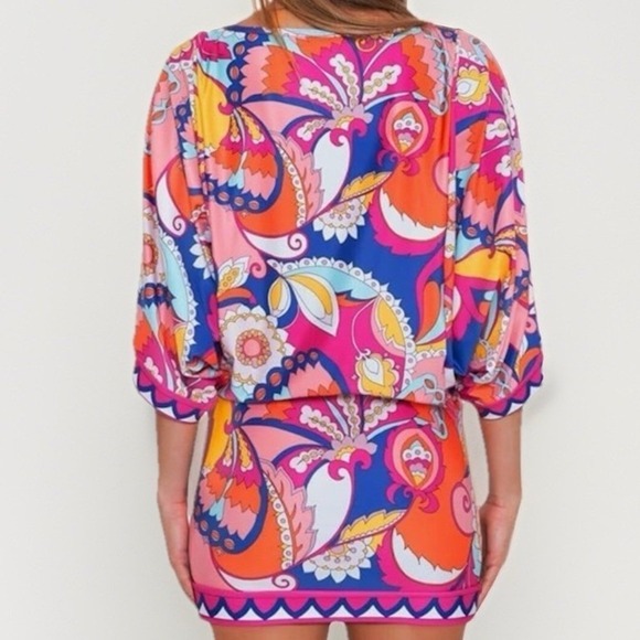 Trina‎ Turk Kaftan Tunic Dress Psychedelic Floral Print Pink Blue Orange M Beach - Picture 6 of 11